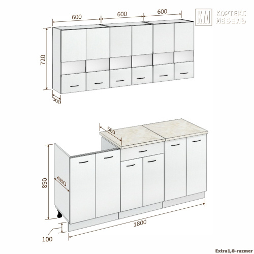Кухня КортексМебель Корнелия ЭКСТРА 1,8 (Дуб сонома/Марсель)