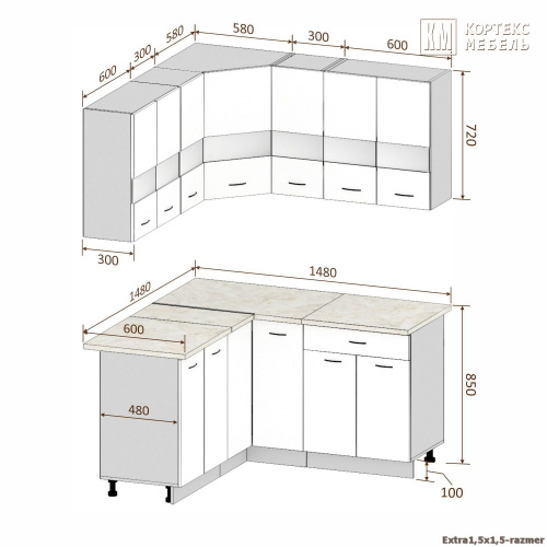 Кухня КортексМебель Корнелия ЭКСТРА угловая 1,5х1,5 (Дуб сонома/Королевский опал)
