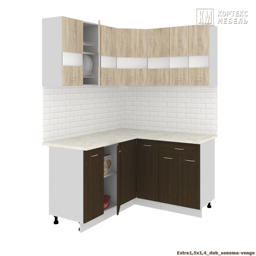 Кухня КортексМебель Корнелия ЭКСТРА угловая 1,5х1,4 (Дуб сонома/Венге тёмный/Марсель)