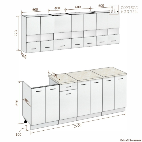 Кухня КортексМебель Корнелия ЭКСТРА 2,2 (Дуб сонома/Королевский опал)