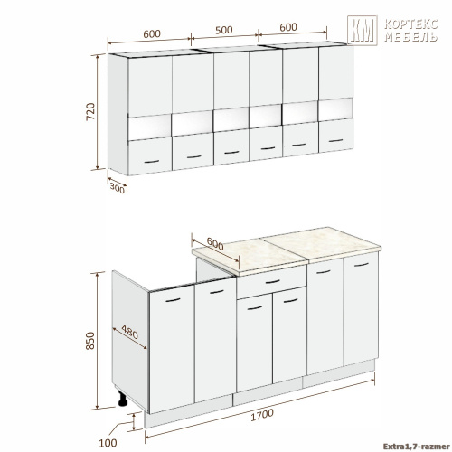 Кухня КортексМебель Корнелия ЭКСТРА 1,7 (Дуб сонома/Венге тёмный/Марсель)